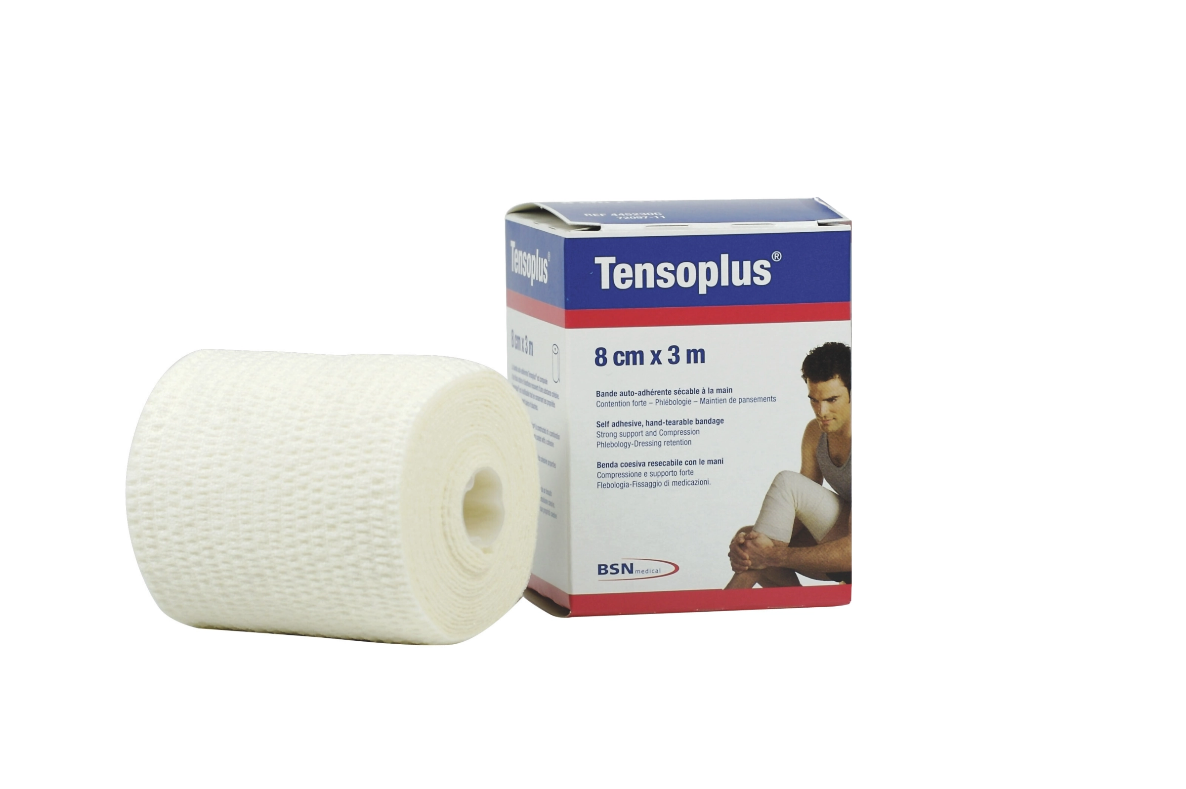 Rouleau de bande Tensoplus et sa boîte, bande cohésive extensible 8 cm x 3 m pour usage professionnel.